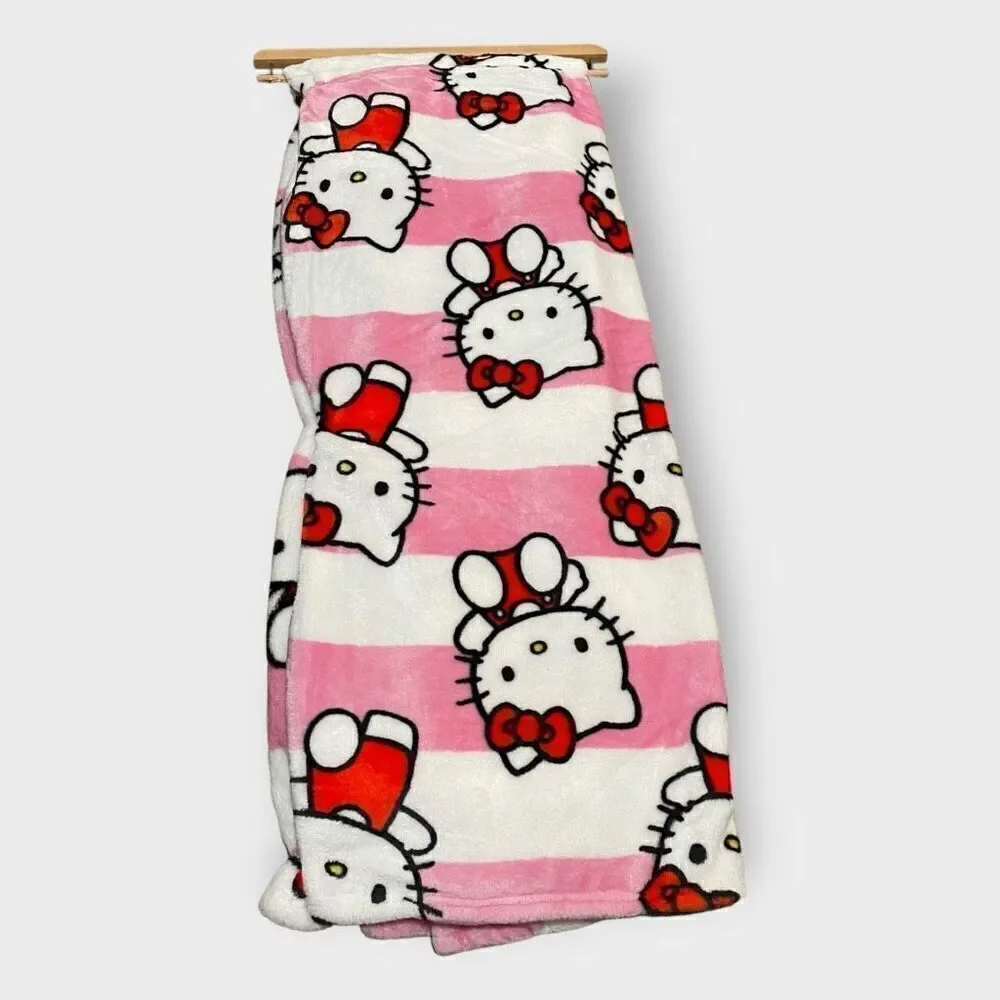 Hello Kitty Striped Pink White Silk Touch Throw Blanket Brand New with Tags